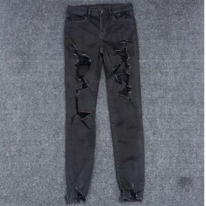 American Eagle Jeggings Black Distressed Denim Skinny Jeans Size 6 Long Grunge‎